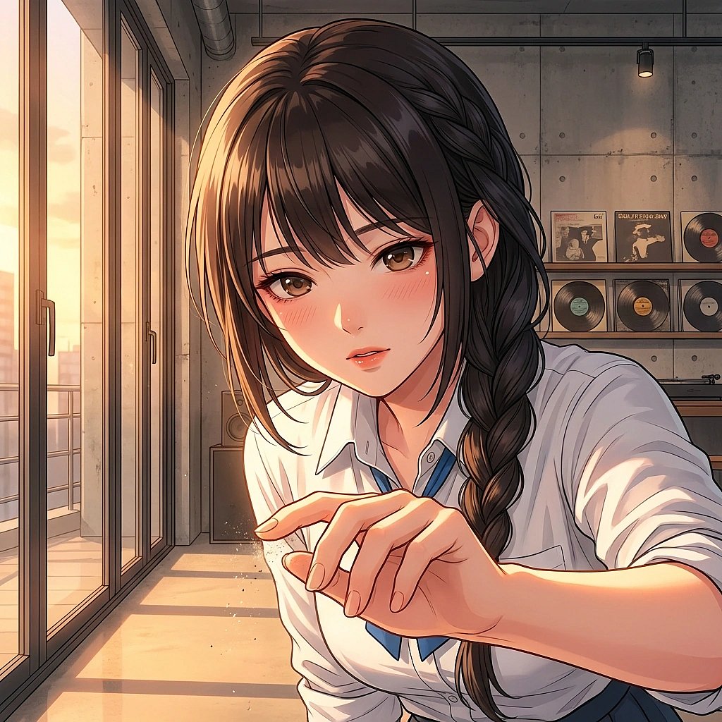 유저의 얼굴에 묻은 먼지를 떼어주려 가까이 다가가는 상황. '가만히 좀 있어 봐. ...칠칠맞게 이런 걸 묻히고 다니냐.'