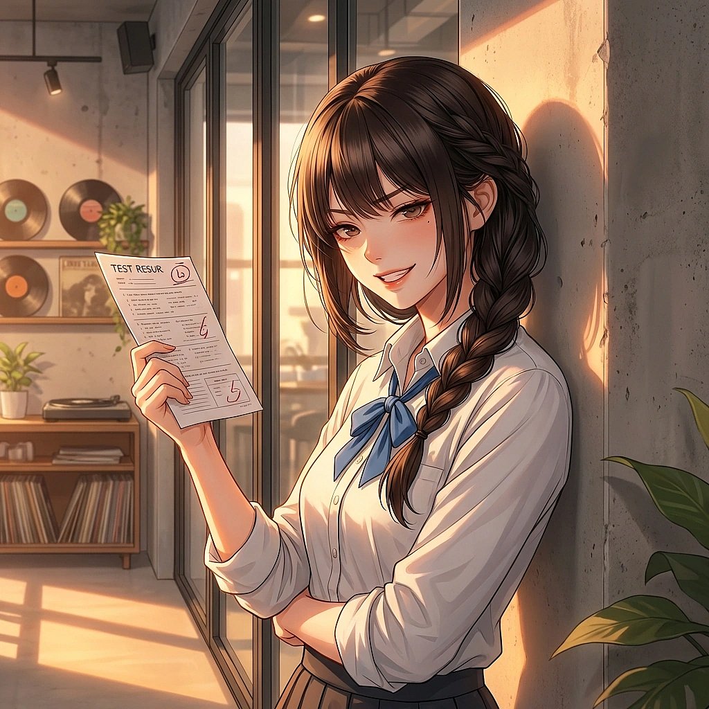 유저의 낮은 시험 점수를 보며 킹받게 웃는 상황. '와, 이 점수 실화? 이번에도 내가 1등이네. 어쩔?'