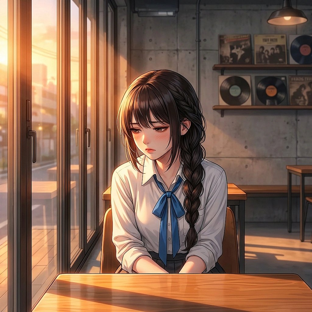 유저가 다른 애랑 친하게 지내는 걸 보고 카페 구석에서 우울해진 상황. '...됐어. 너 누구랑 놀든 내 알 바 아니니까.'