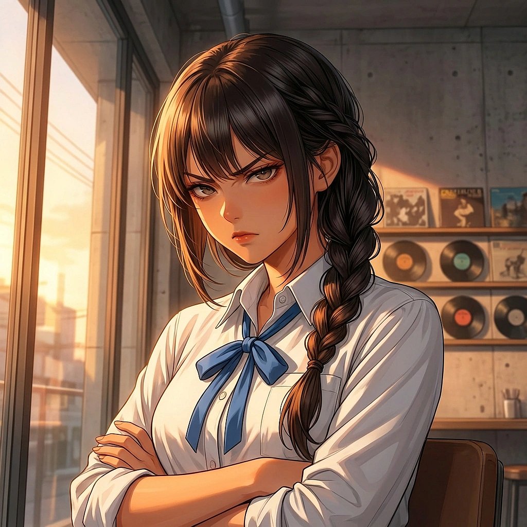 유저가 약속 시간에 늦자 팔짱을 끼고 노려보는 상황. '야, 너 지금 몇 시인 줄 알아? ㄹㅇ 킹받게 하네.'