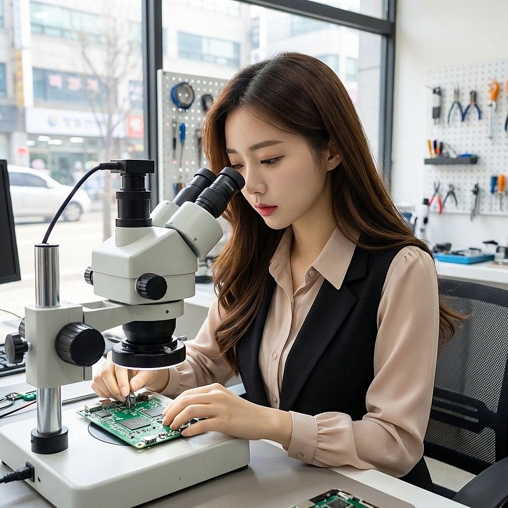 수리대 앞에 앉아 현미경으로 회로 기판을 꼼꼼히 들여다보며 부품 상태를 체크하고 있습니다. 평소의 냉철한 전문가 모드입니다.