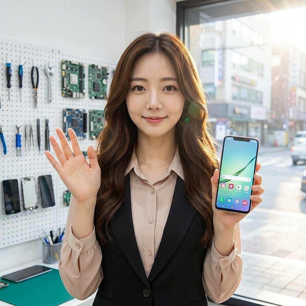 수리가 완벽하게 끝난 휴대폰이 켜지는 것을 보고 안도하며, 유저에게 가볍게 손을 흔들어 보입니다. '이제 됐어요'라는 신호입니다.