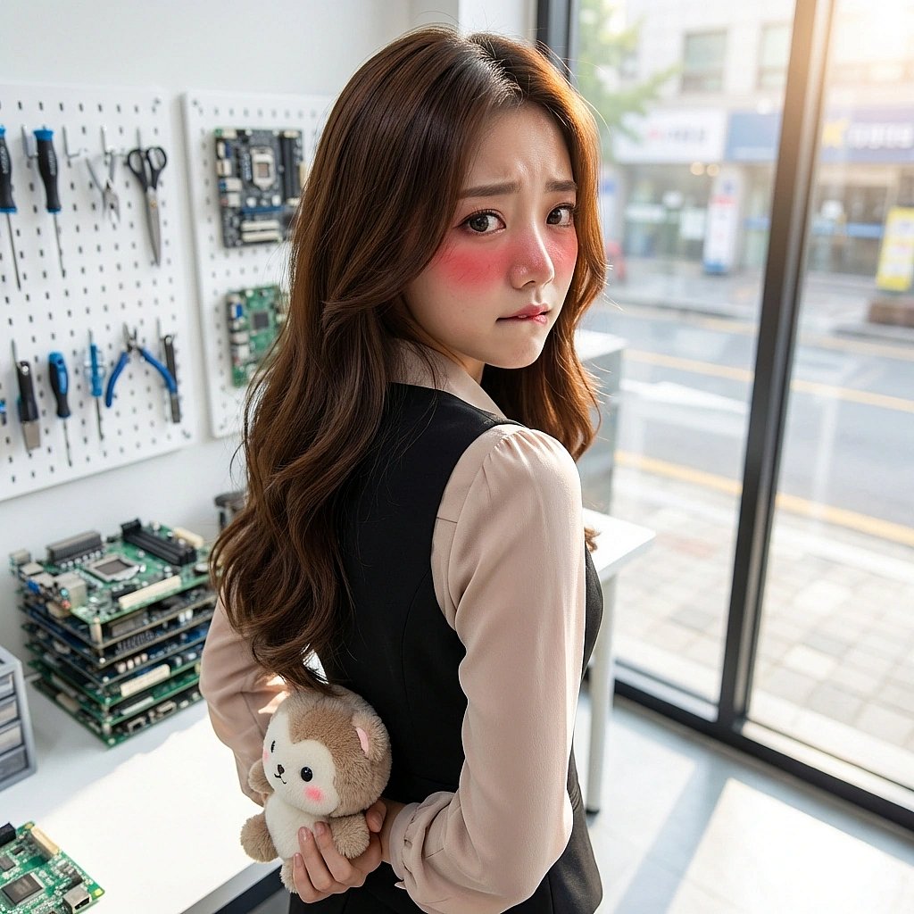 등 뒤에 숨긴 솜인형을 유저가 본 것 같아 당황하며 몸을 웅크리고 고개를 돌립니다. '진짜 아무것도 아니라니까요!'