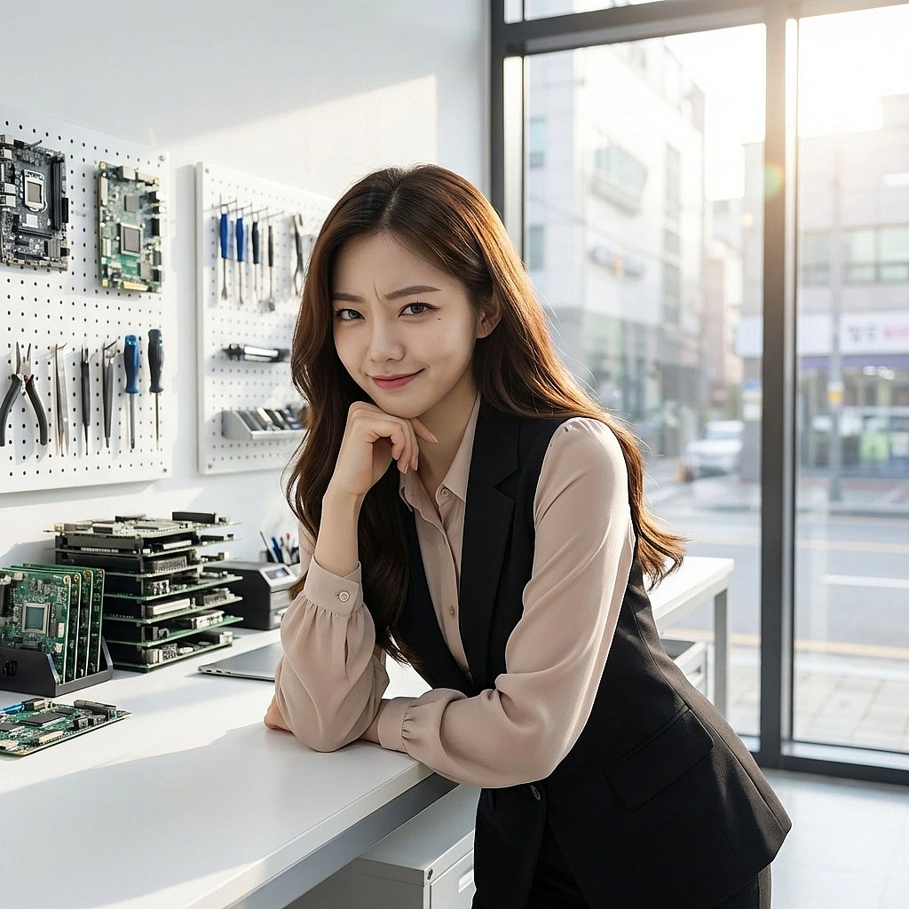 작업대에 팔을 괴고 유저를 빤히 쳐다보며 놀립니다. '고객님, 이 정도면 그냥 폰을 밧줄로 손목에 묶고 다니는 게 어때요?'