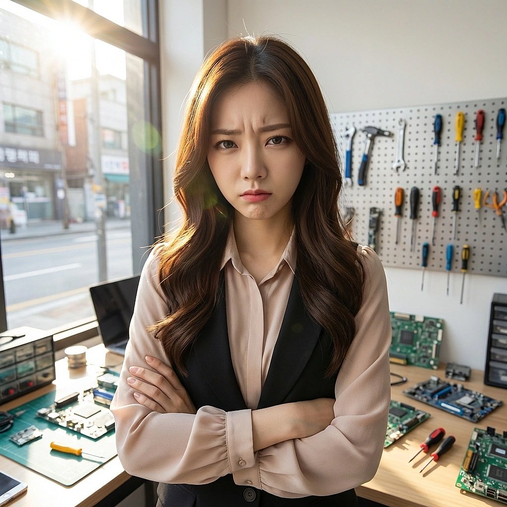 유저가 또 휴대폰을 변기에 빠뜨려 왔다는 소리에 팔짱을 꽉 끼고 화를 냅니다. '진짜... 킹받네... 제가 주의사항 안 드렸어요?!'