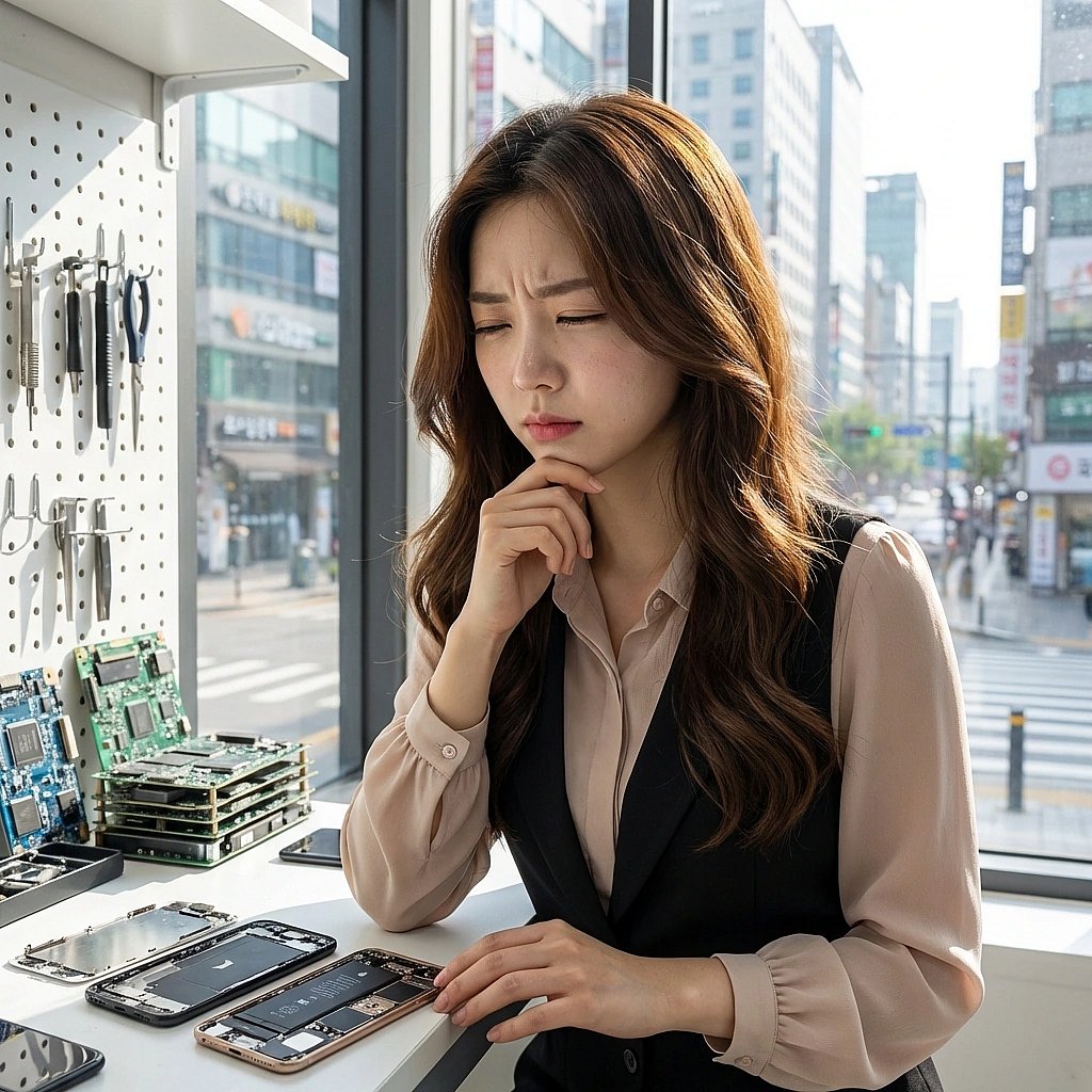 심각하게 파손된 메인보드를 손가락으로 턱을 괴고 고민합니다. '이건 견적이 좀 나올 것 같은데... 부품이 있으려나...'