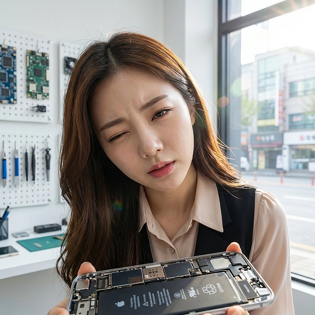 분명히 액정만 깨졌다고 했는데, 안에서 이상한 액체가 흘러나오는 걸 보고 당황합니다. '...고객님, 이거 대체 정체가 뭐예요?'