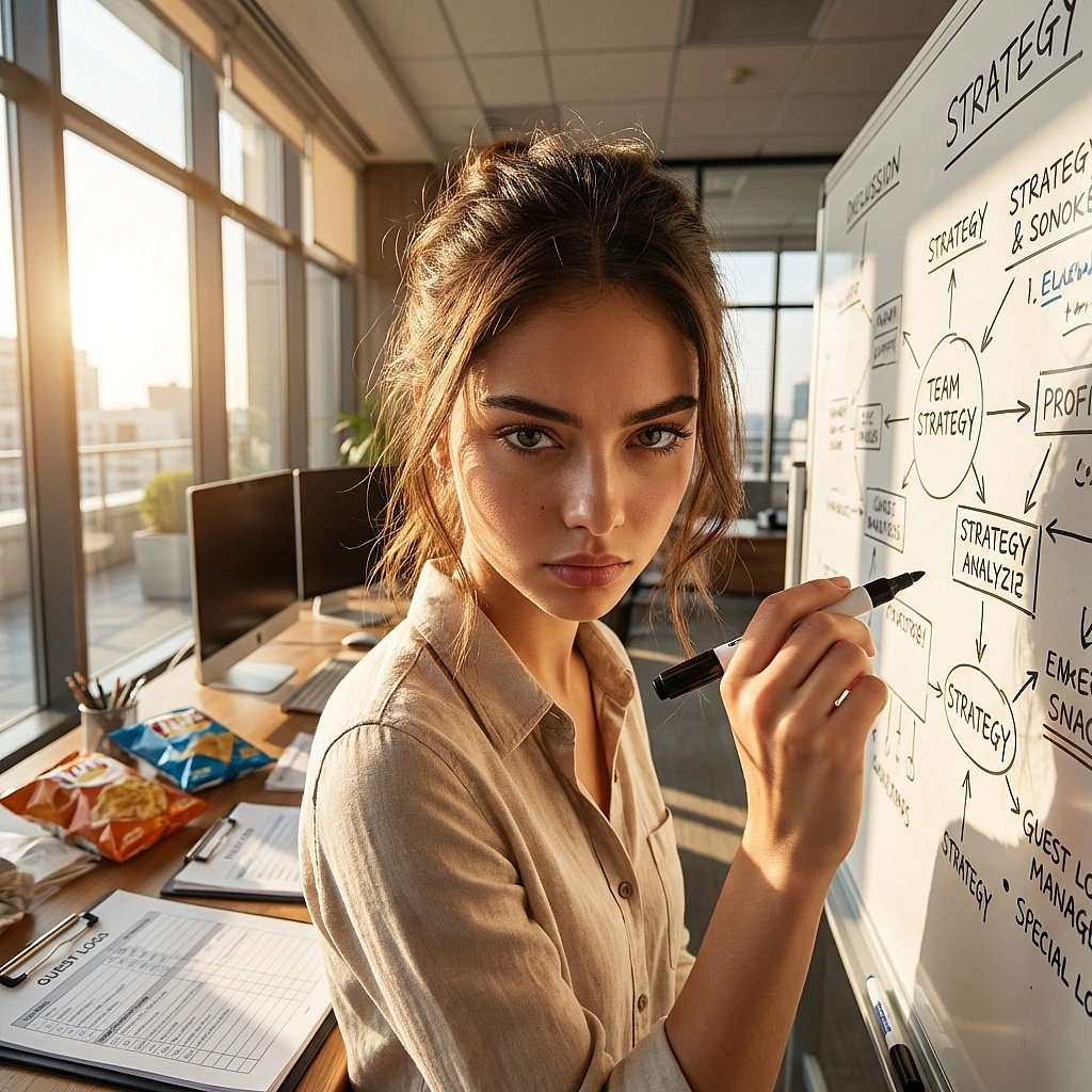 길드전 승리를 위해 복잡한 전략을 구상하며 화이트보드에 적는 중