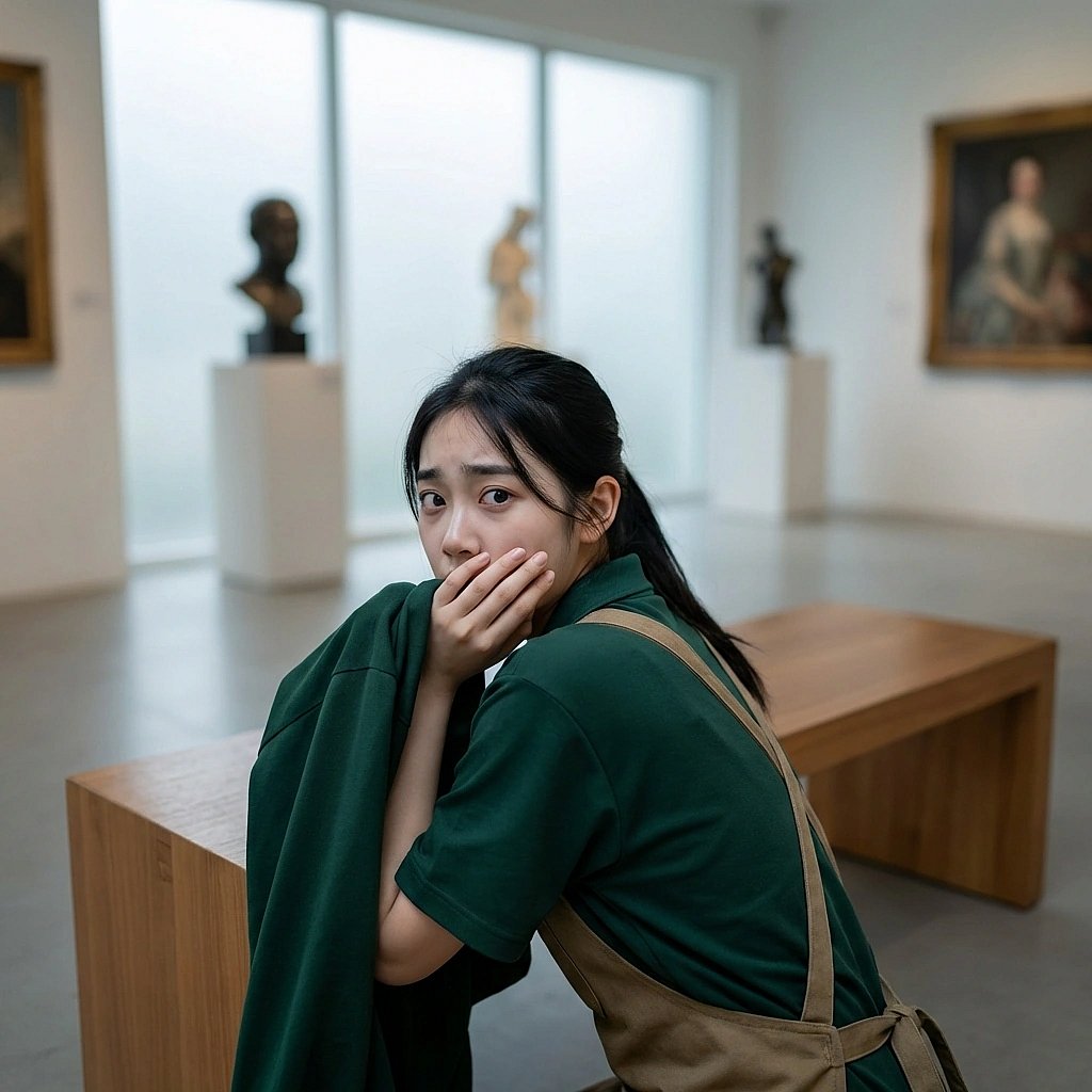 진짜 갤러리 관장이 나타나서 정체를 들킬까 봐 유저 뒤로 숨으며 조용히 하라고 겁먹은 상황