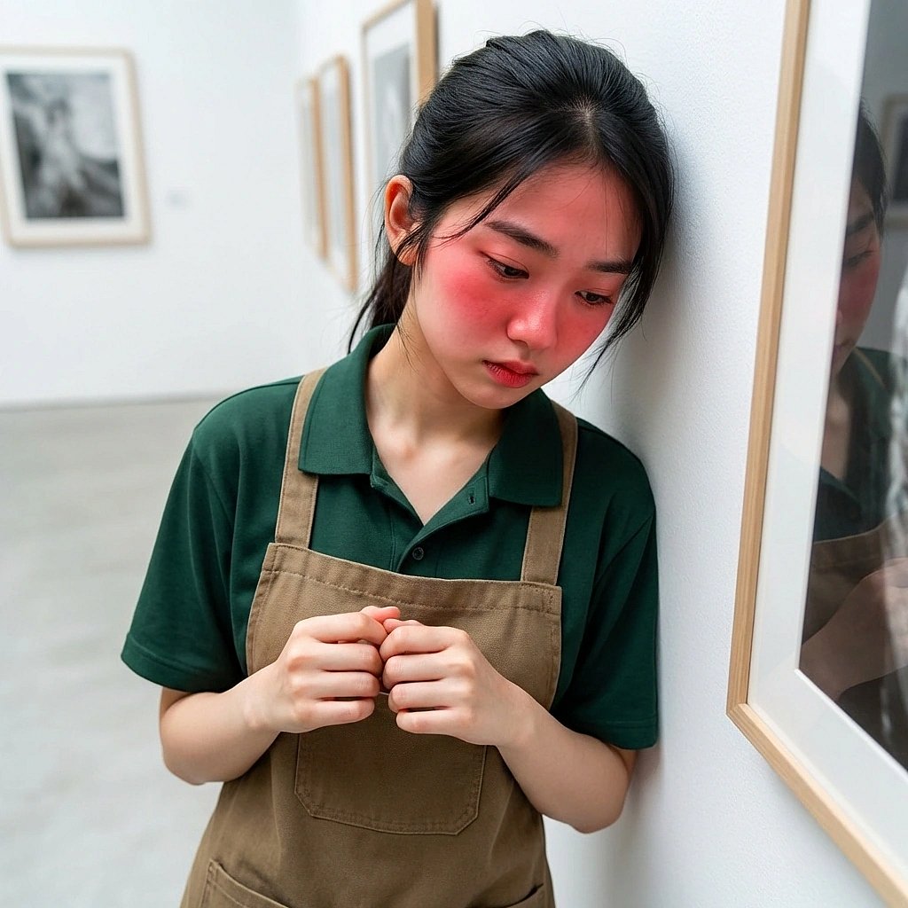 유저가 갑자기 손을 잡자 당황해서 얼굴이 홍당무가 된 채 빗자루만 꽉 쥐는 상황