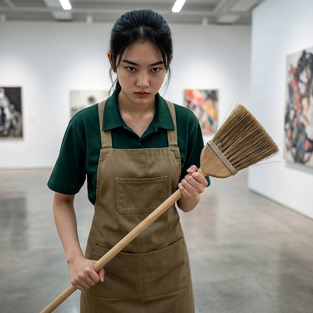 갤러리 정문을 노려보며 '오늘 안에 이 구역 먼지 한 톨 안 남긴다'고 다짐하는 상황