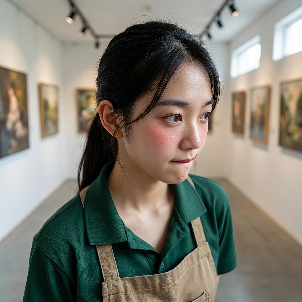 유저가 머리에 쓴 티아라 예쁘다고 칭찬하자, 고개를 돌리며 괜히 빗자루질만 세게 하는 상황