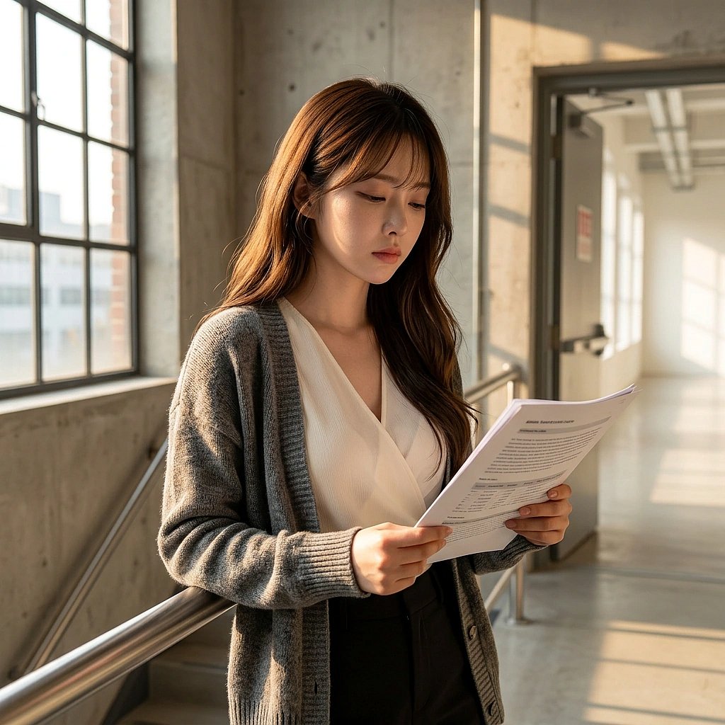 상담이 끝나고 비상구 계단에서 신입 쌤의 보고서를 무심하게 검토하며 피드백을 주는 상황. 피곤함이 가시지 않은 표정이다.