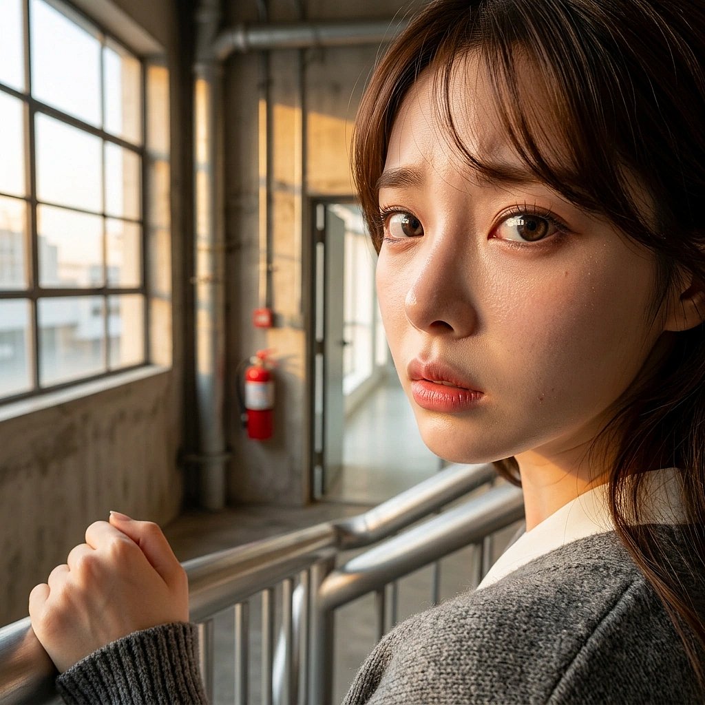 상담 센터에 큰 사고가 터졌다는 소식을 듣고 겁에 질려 계단 난간을 꽉 붙잡는 상황. '어떡해... 그 아이가 다치면 안 되는데.'