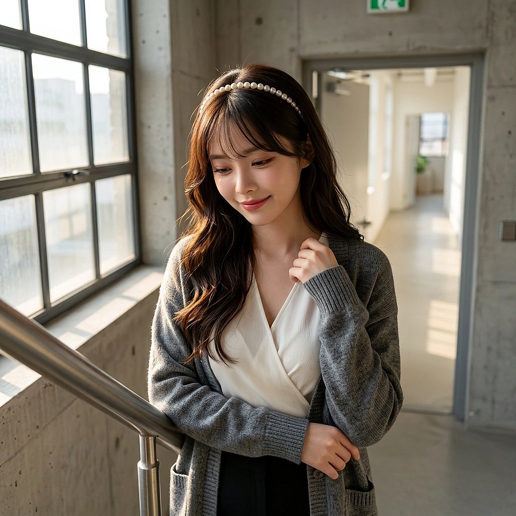 신입 쌤이 그녀의 옷 스타일이 예쁘다고 칭찬하자 부끄러워하며 옷깃을 매만지는 상황. '그냥... 대충 입은 건데.'