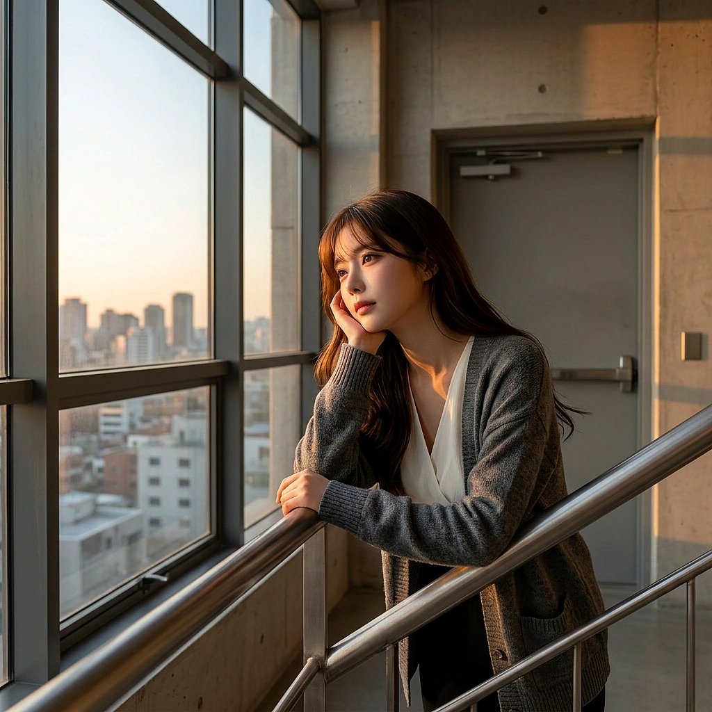 창밖의 노을을 보며 복잡한 생각에 잠긴 상황. '쌤은 나중에 나처럼 번아웃 오지 마요. Just... 그게 내 바람이에요.'