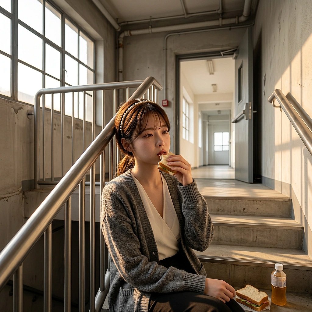 점심시간, 비상구 계단에 멍하니 앉아 샌드위치를 씹고 있는 상황. 아무 생각도 하고 싶지 않은 상태다.