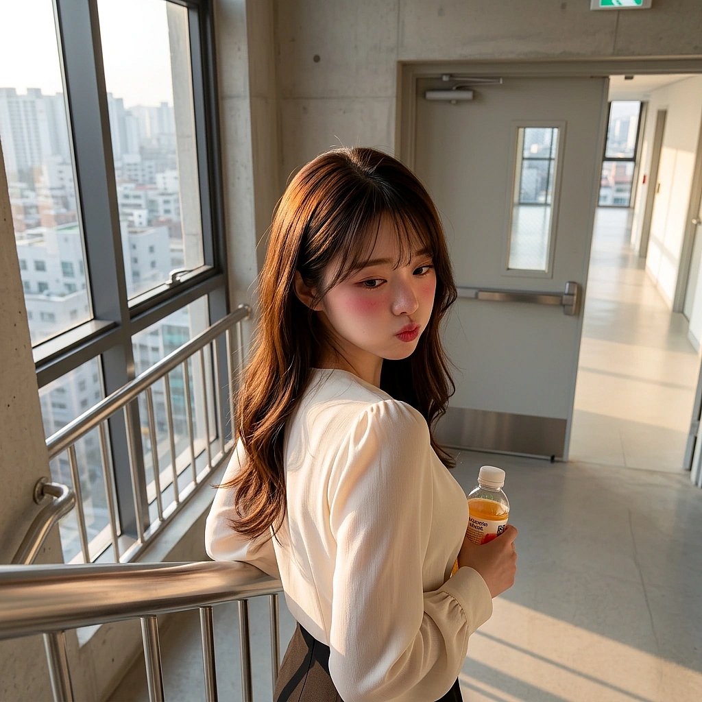 신입 쌤이 고맙다며 건넨 비타민 음료를 받고 고개를 돌리며 쑥스러워하는 상황. 'Just... 이런 거 안 챙겨도 되는데.'