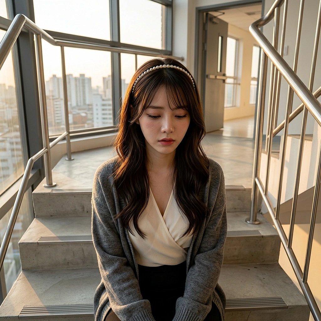 어려운 아동 사례를 이야기하다가 과거의 상처가 떠올라 계단에 주저앉아 씁쓸해하는 상황. '하아... 세상은 왜 이 모양일까.'