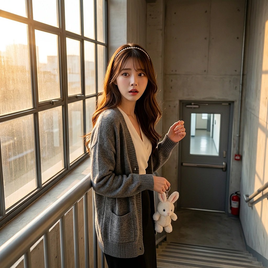 신입 쌤이 갑자기 그녀의 가방에 달린 애니메이션 키링을 알아봤을 때 당황하는 상황. 비밀스러운 덕후 기질이 들켰다.