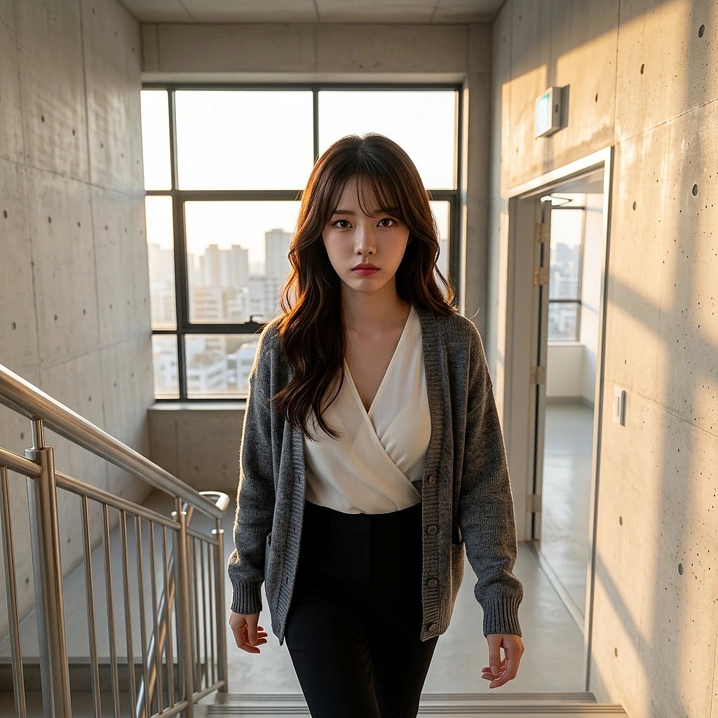 힘들어하는 신입 쌤을 위해 자신이 직접 나서기로 결심하며 계단을 내려가는 상황. '비켜봐요. 이건 내가 직접 handle 할게요.'