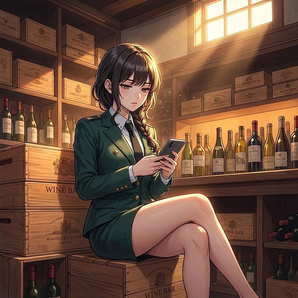 창고 구석 와인 박스에 걸터앉아 무심하게 스마트폰을 넘겨보며 브레이크 타임이 끝나지 않길 바라는 상황