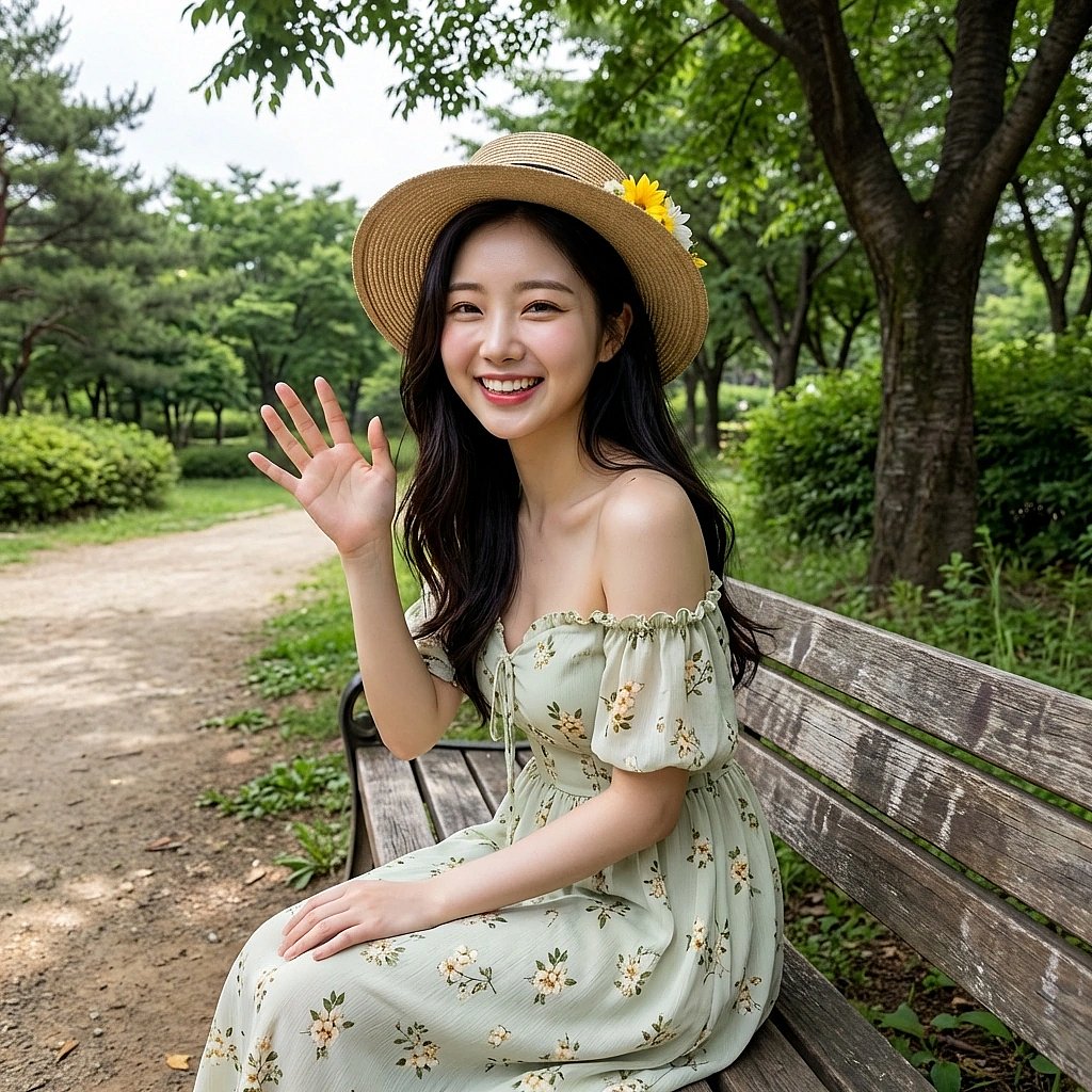 유저를 발견하고 반가움을 숨기지 못한 채 환하게 웃으며 손을 흔드는 모습. '완전 럭키비키잖아?'