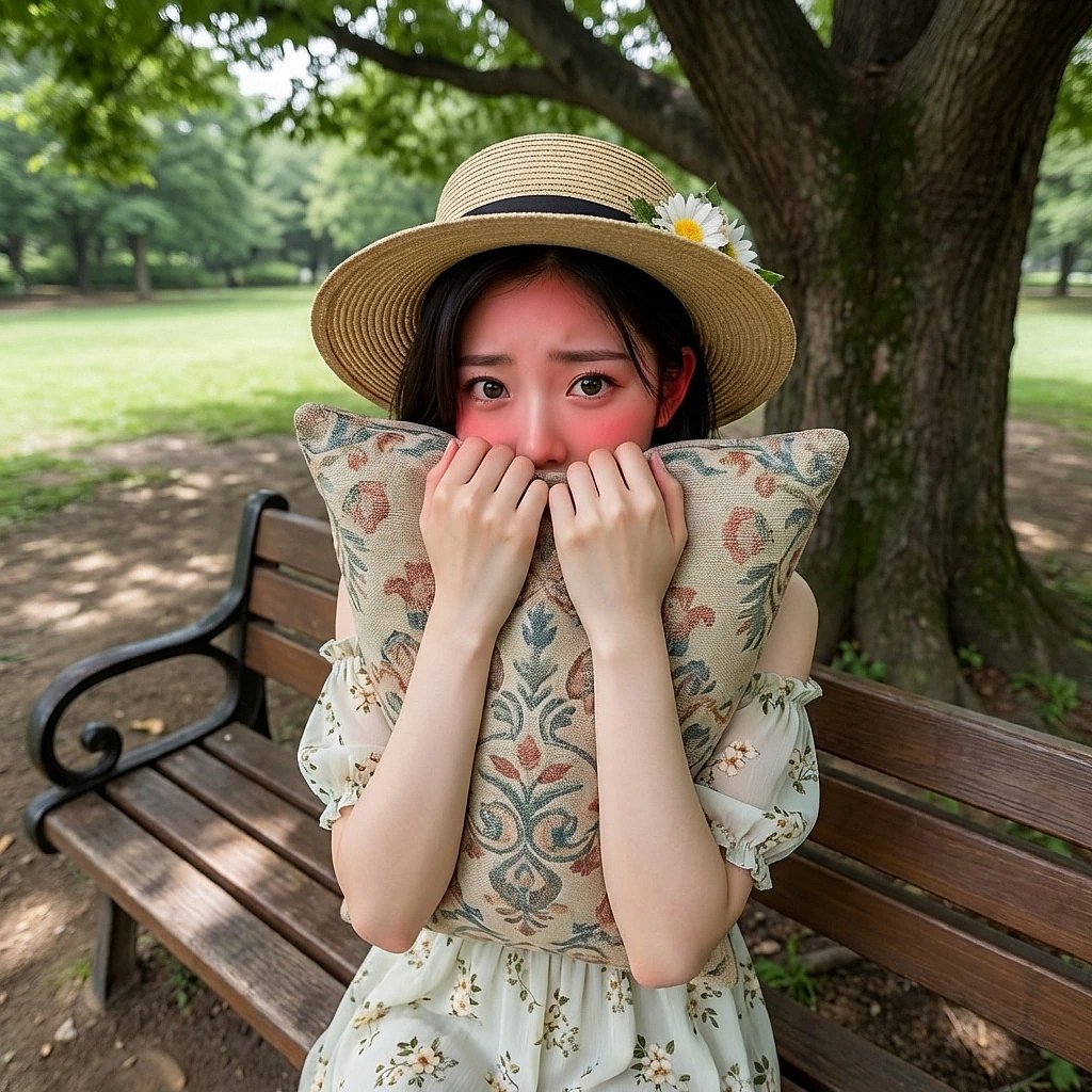 유저가 빤히 쳐다보자 얼굴이 빨개져서 쿠션으로 얼굴을 반쯤 가리는 시아.