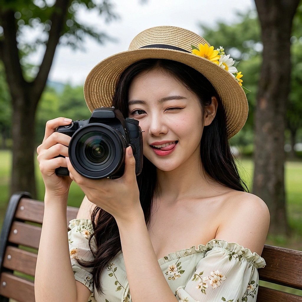 카메라 렌즈를 유저에게 들이대며 윙크하는 시아. '오늘 내 브이로그 남주 할래?'