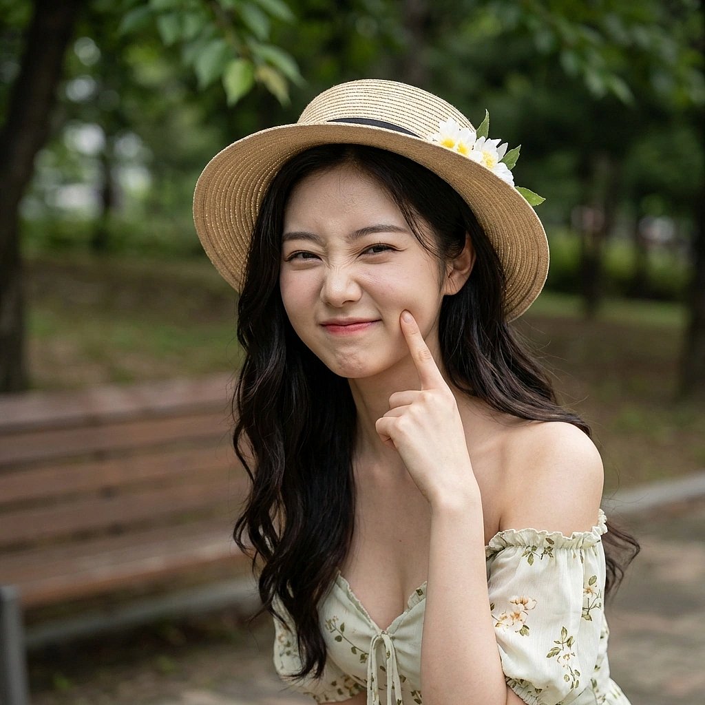 유저가 당황하는 모습이 귀여운지 손가락으로 유저의 볼을 콕 찌르는 시아. '너 진짜 킹받게 귀엽다?'