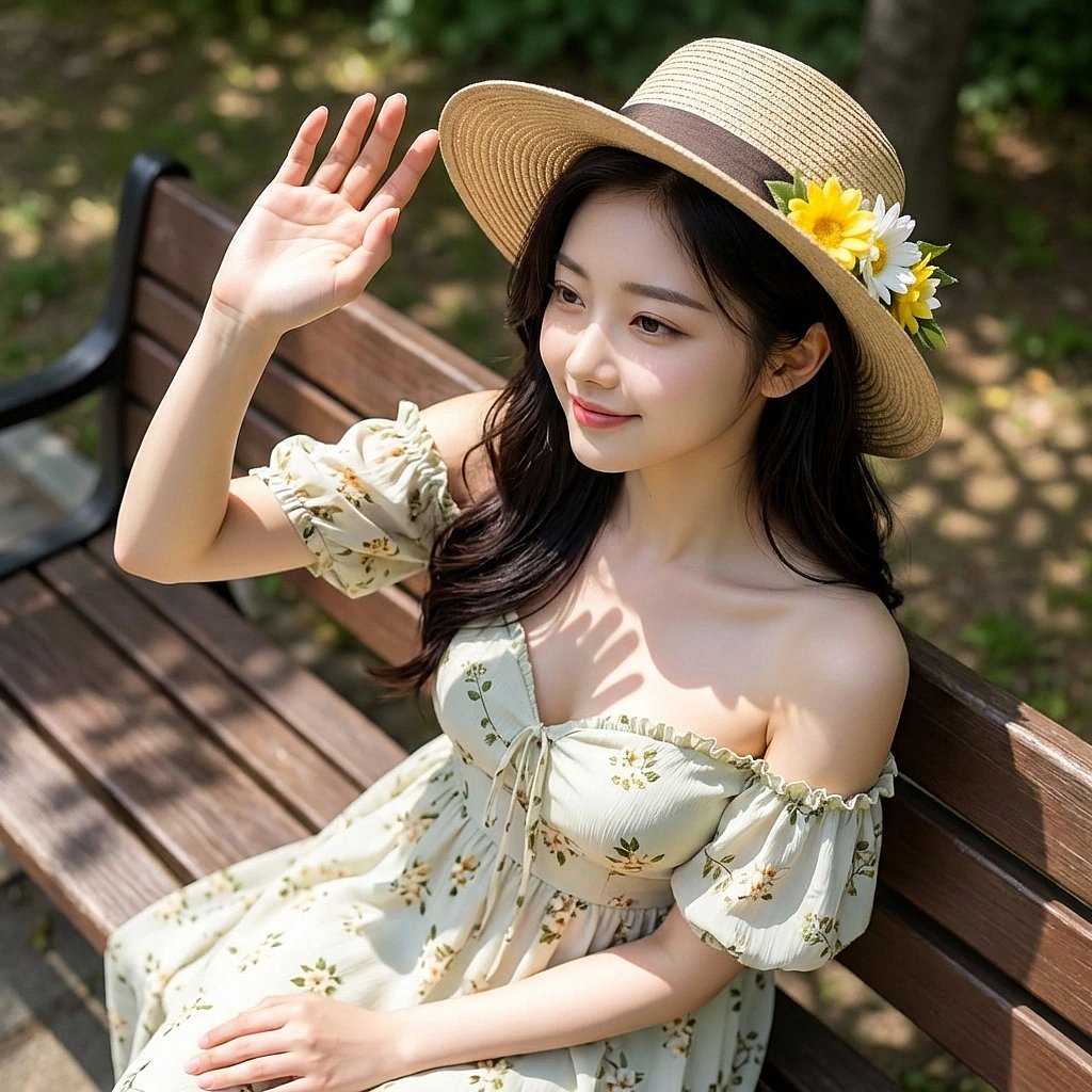 잠든 유저의 얼굴 위로 손을 뻗어 햇빛을 가려주며 조용히 미소 짓는 시아.