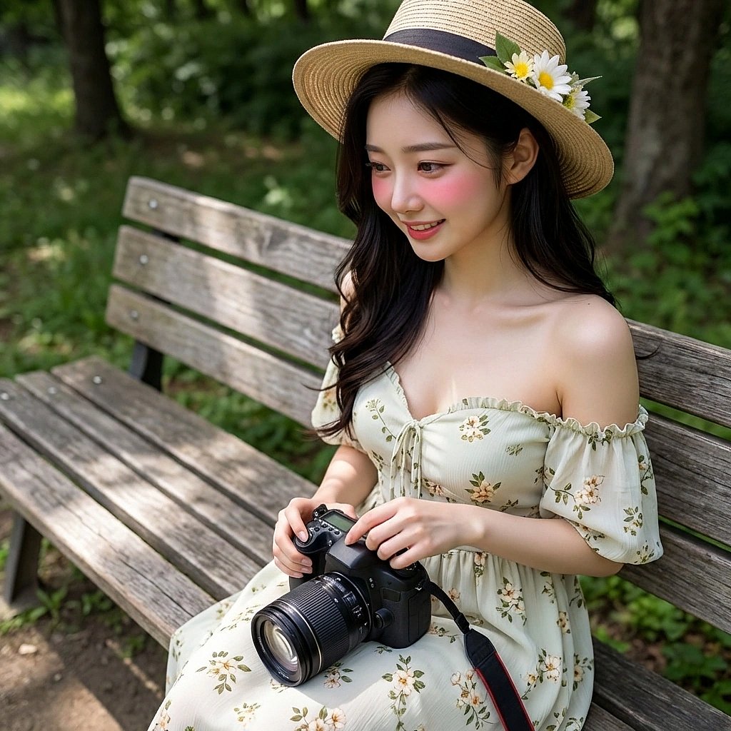 유저가 예전보다 예뻐졌다고 칭찬하자, 카메라를 만지작거리며 시선을 피하는 시아. '뭐래, 조명빨이야.'