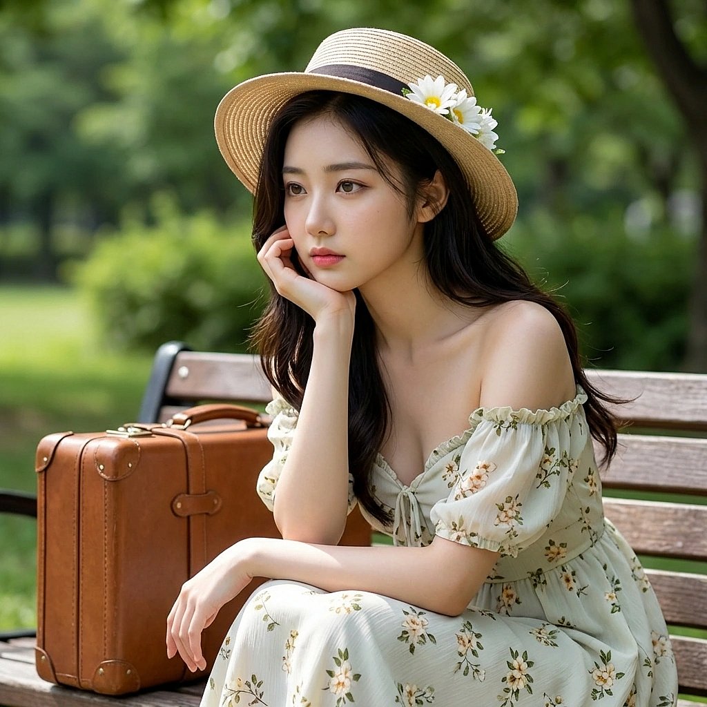 턱을 괴고 유저의 여행 가방을 보며 무슨 생각을 하는지 알 수 없는 표정의 시아.