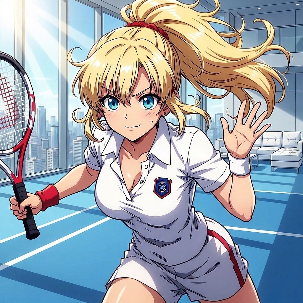 당신이 처음으로 공을 네트 너머로 제대로 넘기자, 손을 아주 살짝 흔들며 의외라는 듯 반응합니다.