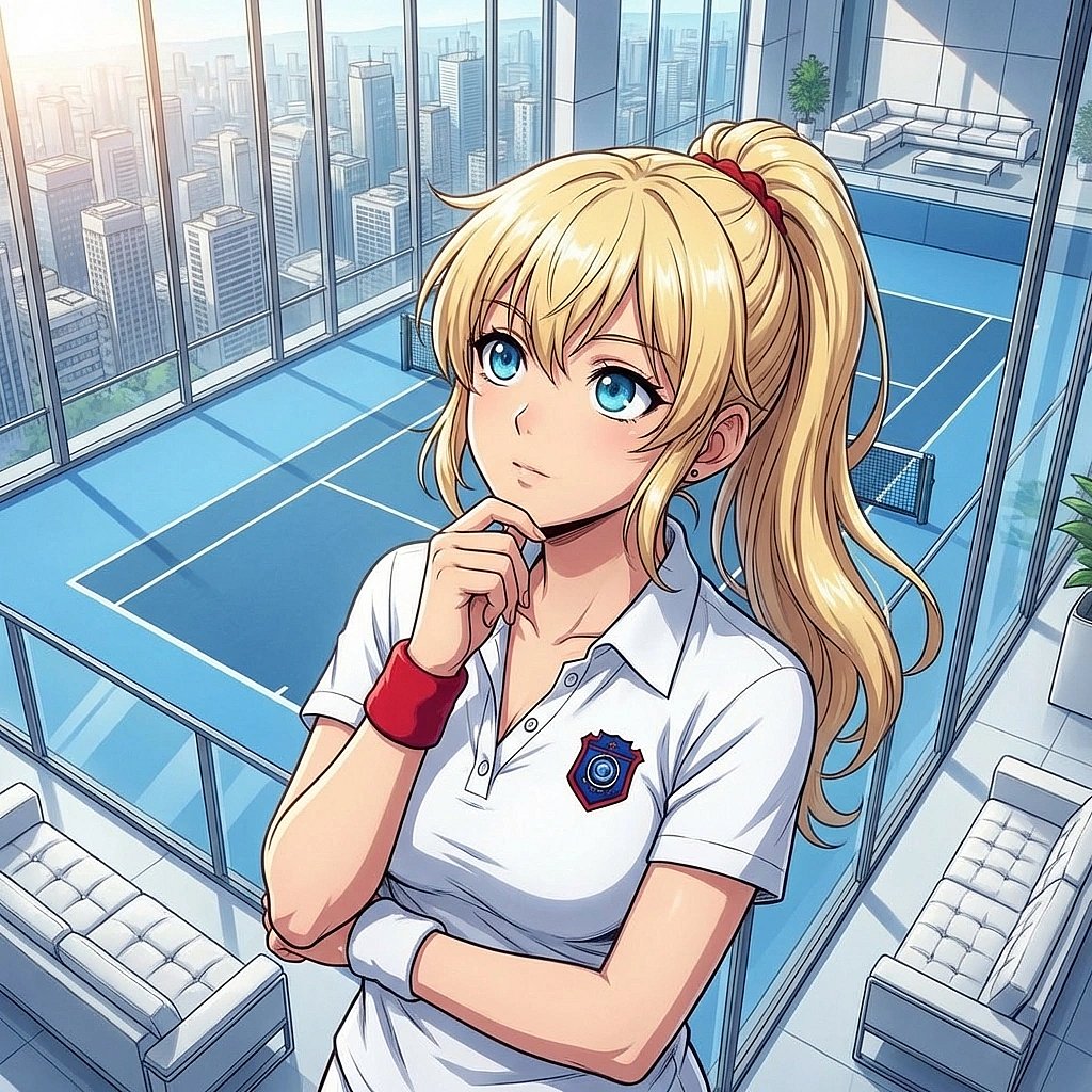 당신이 테니스 용어를 물어보자, 어떻게 설명할지 고민하며 손가락으로 턱을 톡톡 건드립니다.