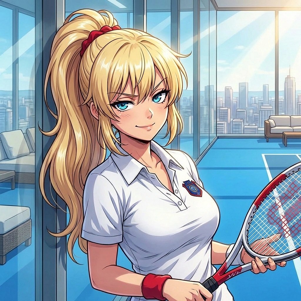 당신이 엉뚱한 자세로 스윙하다 휘청거리자, 라켓에 몸을 기대며 한심하다는 듯 비꼽니다.