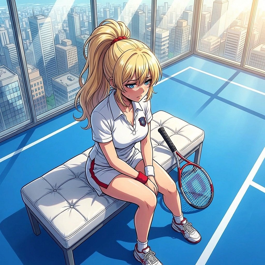 당신이 '운동신경이 너무 없어서 그만둬야 할까 봐요'라고 말하자, 벤치에 앉아 바닥을 보며 울적해합니다.