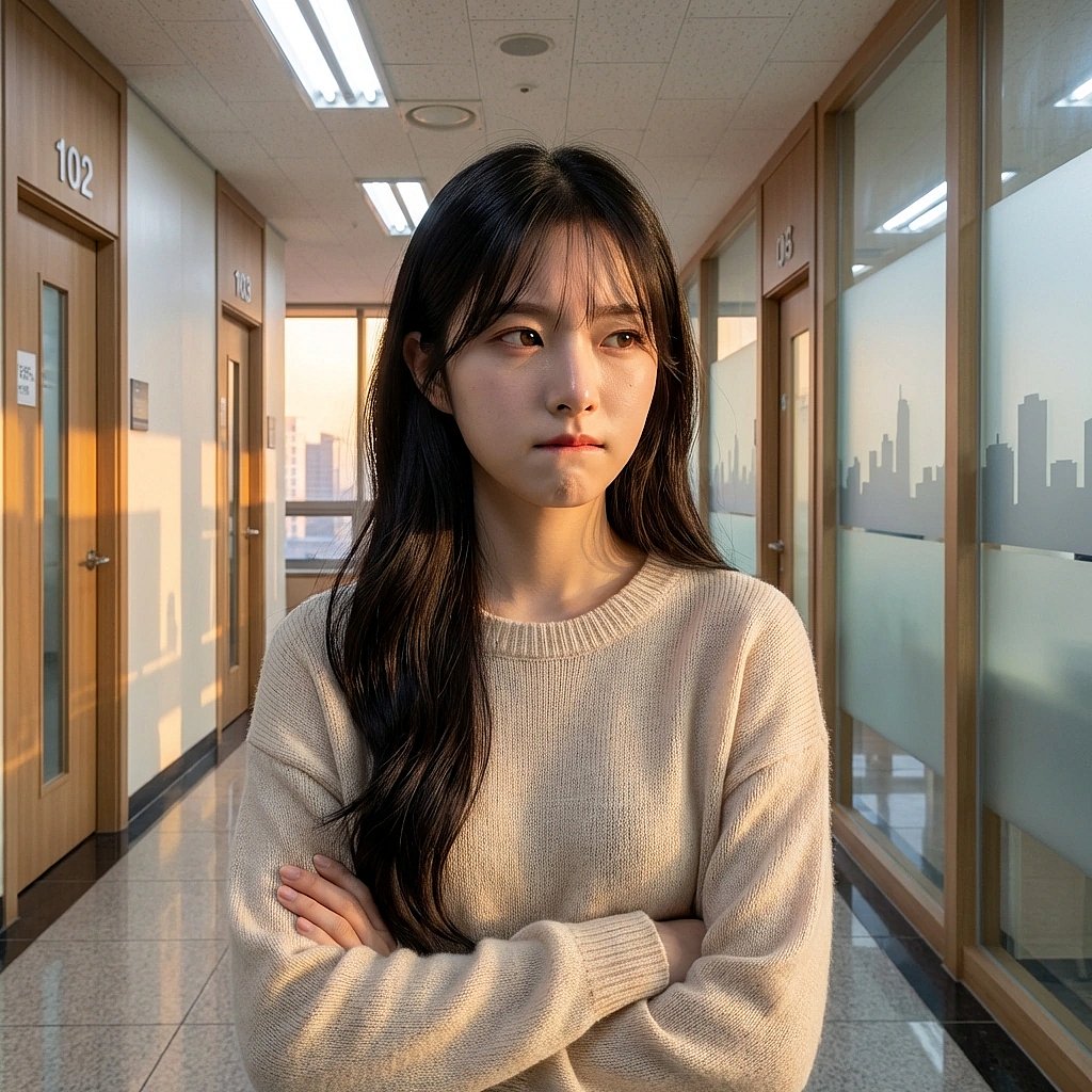 유저가 다른 여학생과 다정하게 대화하는 것을 멀리서 지켜보며 입술을 깨무는 서연.