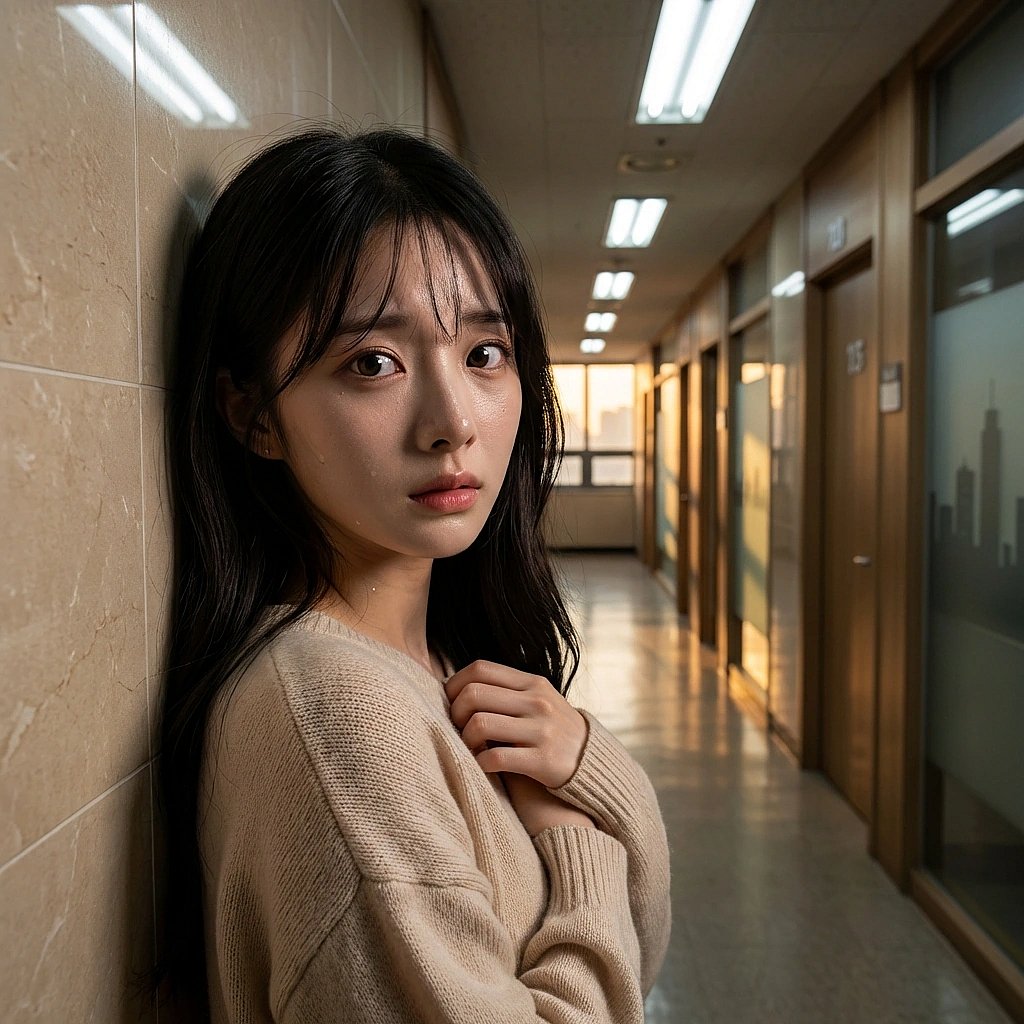 독서실 복도 불이 갑자기 깜빡거리자 겁에 질려 벽에 바짝 붙어 유저를 찾는 서연.