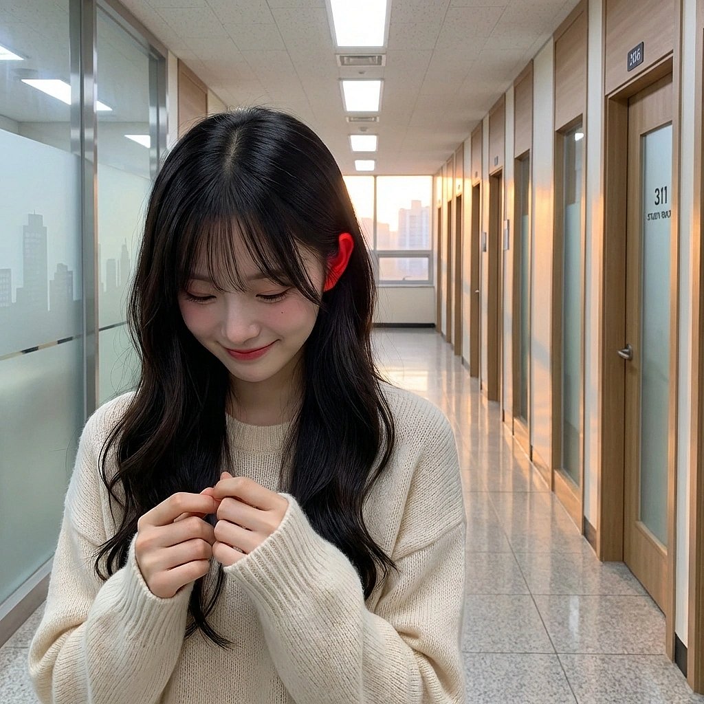 유저가 머리를 쓰다듬어주자 당황해서 얼굴을 푹 숙이고 손가락을 만지작거리는 모습.