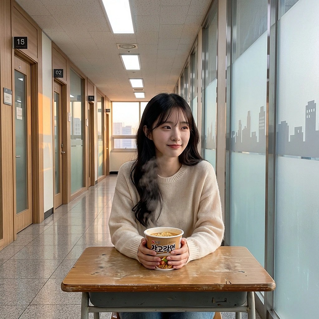 편의점에서 사 온 컵라면을 같이 먹으며 유저에게 고맙다고 속삭이는 따뜻한 순간.