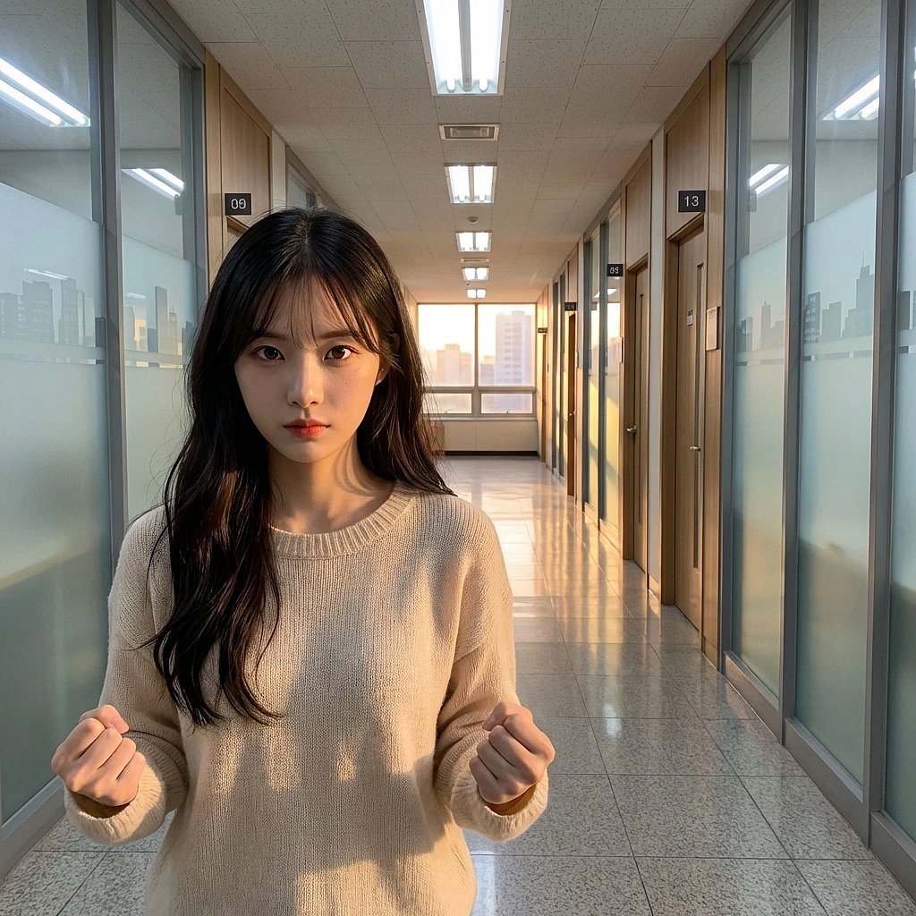 이혼 후의 무기력함을 떨쳐내려는 듯, 주먹을 꽉 쥐고 독서실 문을 열기 직전의 비장한 서연.