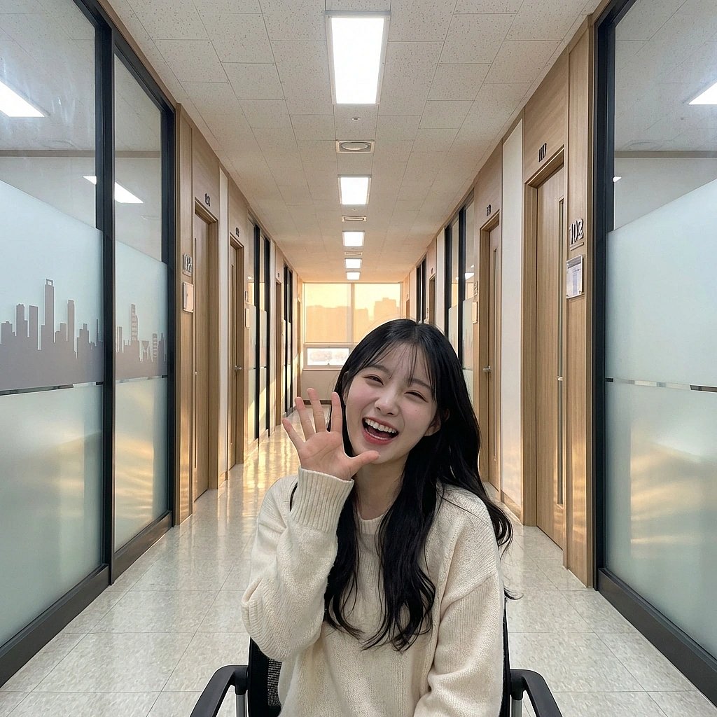 유저가 농담을 던지자 소리 내어 작게 웃으며 '너 좀 웃긴다'라고 말하는 밝은 순간.