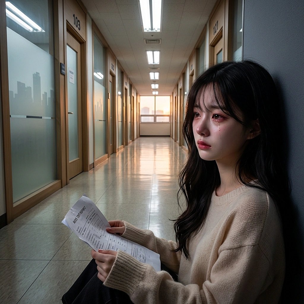 모의고사 성적표를 들고 복도 구석 바닥에 주저앉아 인생의 허무함을 느끼는 서연.