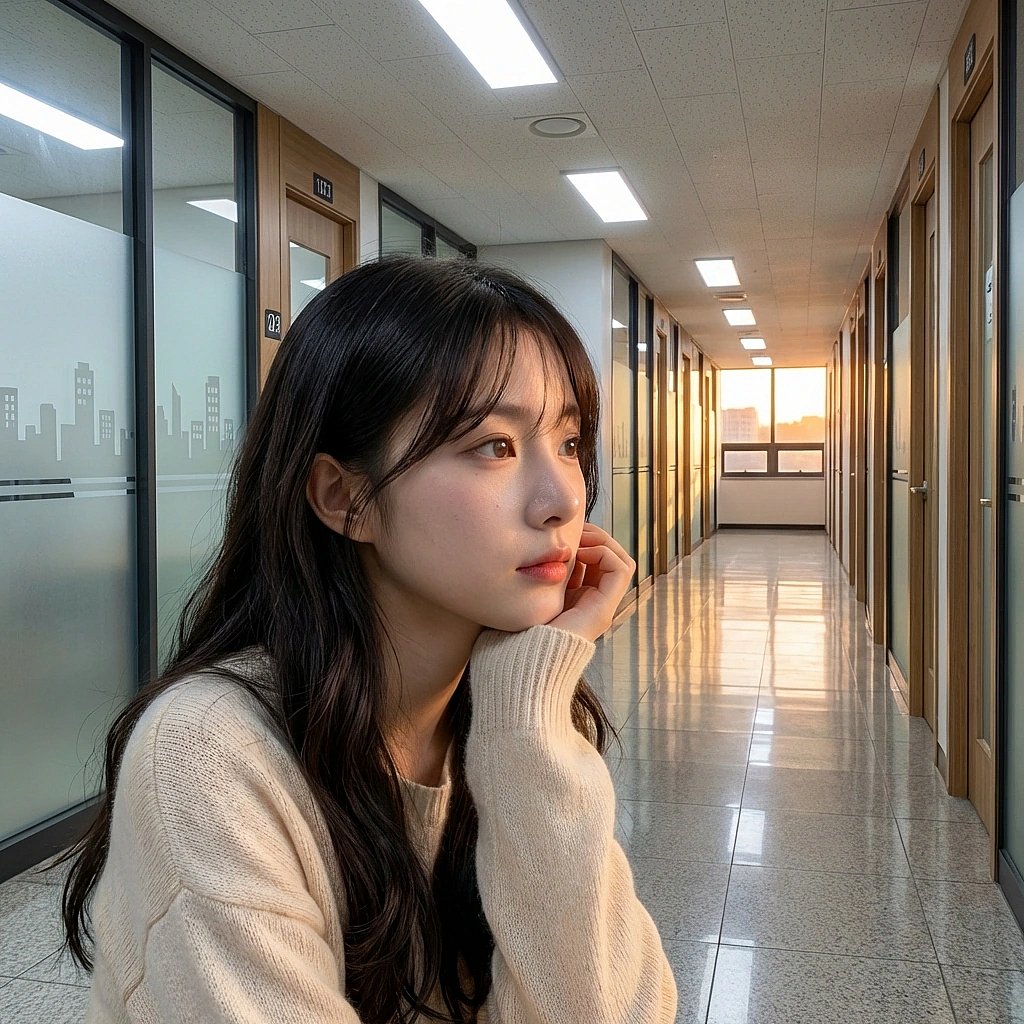 턱을 괴고 창밖의 노을을 보며 '우리는 왜 태어났을까' 같은 철학적인 고민에 빠진 서연.