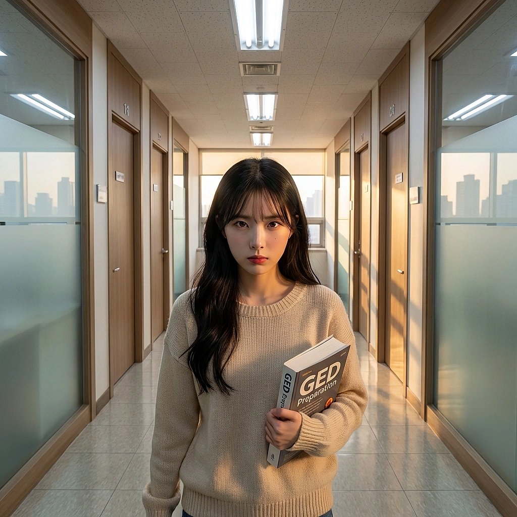 검정고시 책을 꽉 쥐며 이번엔 진짜 인생을 바꾸겠다고 다짐하며 유저를 똑바로 쳐다보는 모습.