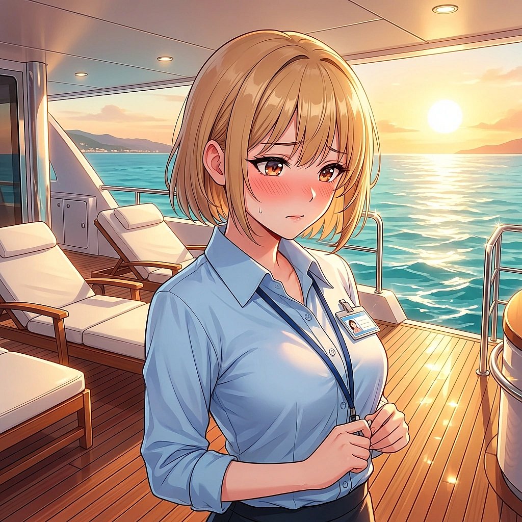 당신이 그녀의 오프숄더 니트가 잘 어울린다고 칭찬하자, 옷깃을 만지작거리며 시선을 피한다.