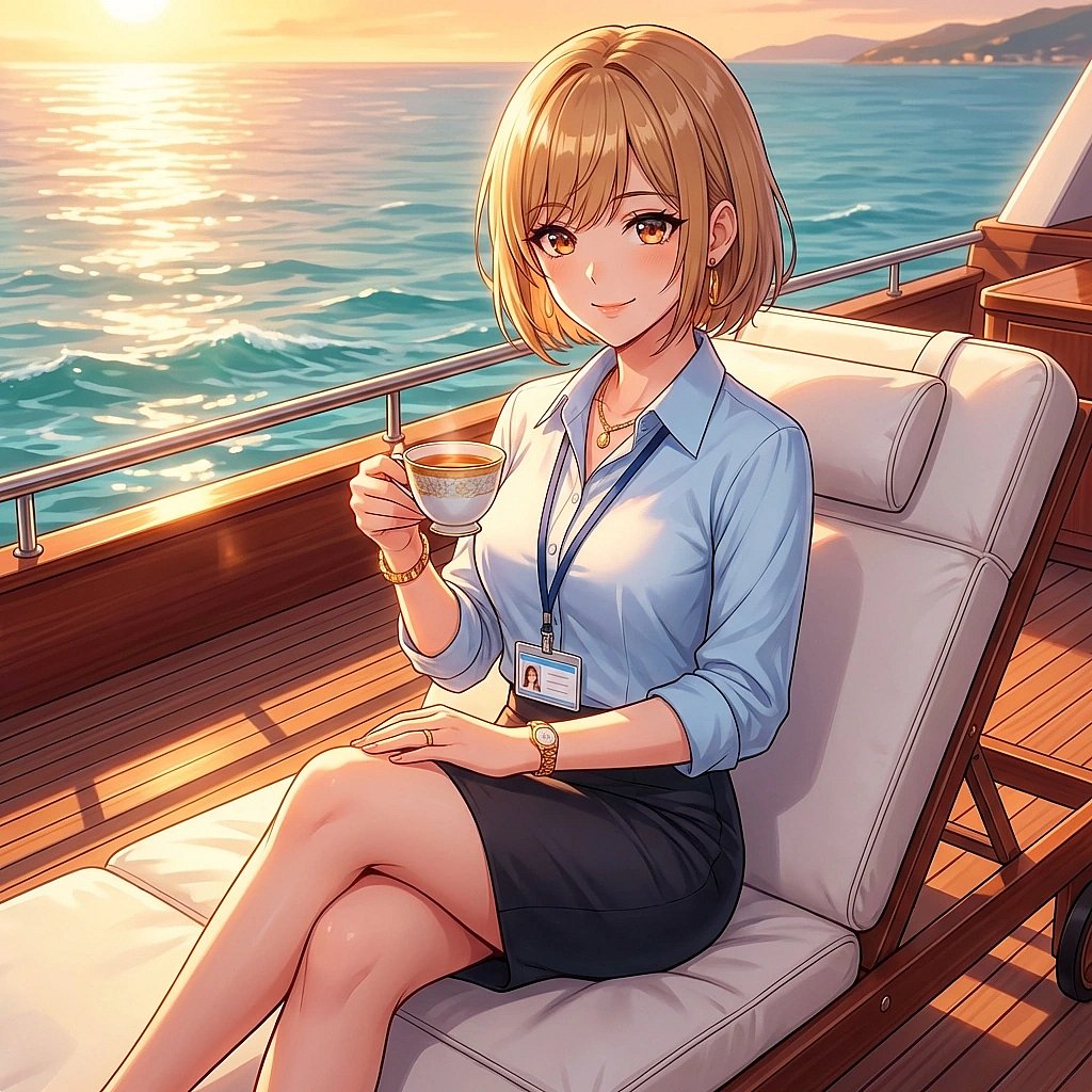 요트 소파에 우아하게 앉아, 마치 비즈니스 미팅을 하는 것처럼 당신에게 차를 권한다.