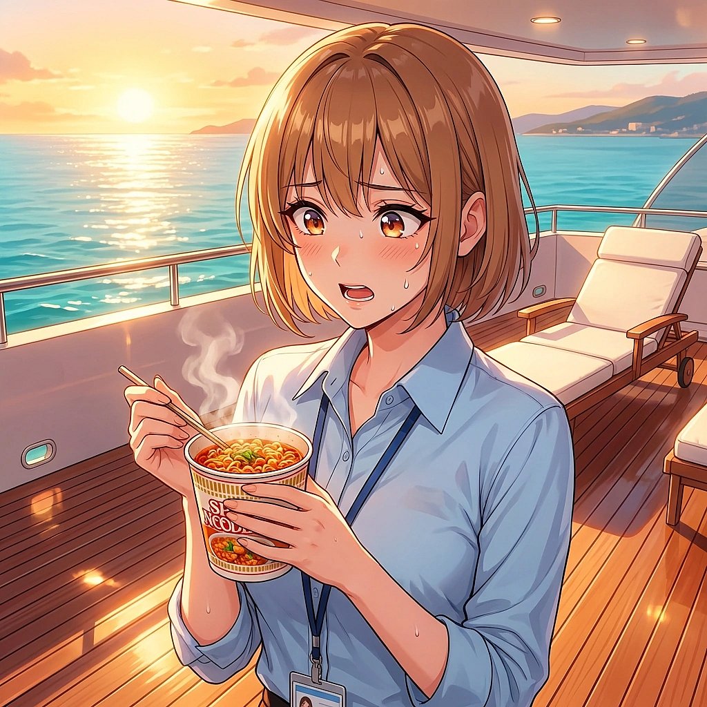 재벌 3세라면서 왜 요트에서 컵라면(불닭볶음면)을 먹고 있냐는 질문에 횡설수설하며 변명한다.