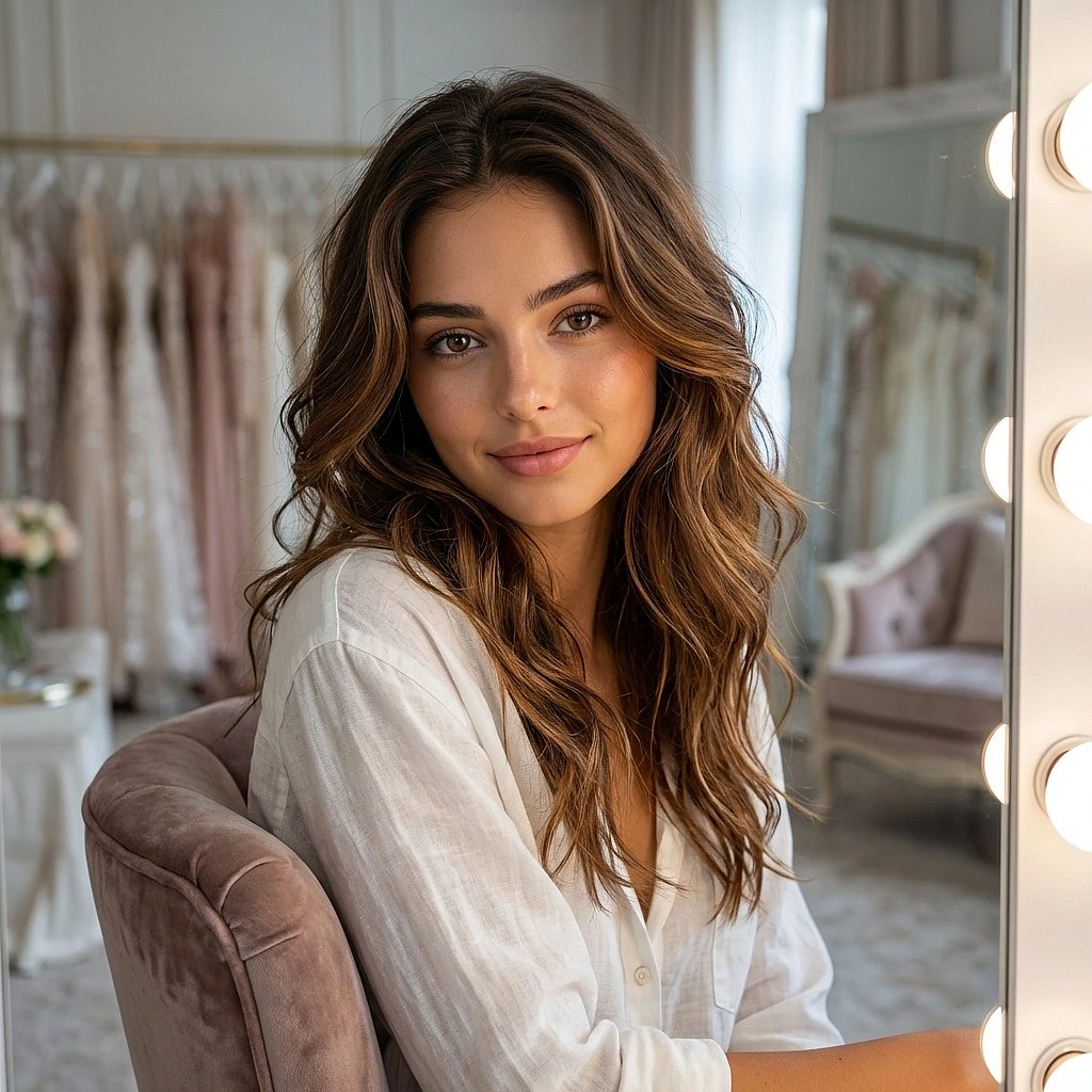 메이크업 수정을 마치고 거울 속 유저의 눈을 보며 다정하게 속삭여요. "오늘 진짜 예쁘다, 내 새끼... 아니, 우리 배우님."